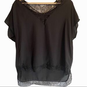 Zara basic  black lace neck hem short sleeve top